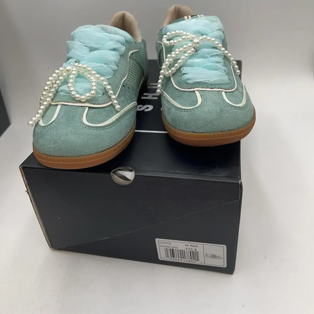 Aqua Suede Pearl Beaded Shoes Womens Low Top Casual Sneakers Sophie Size 6